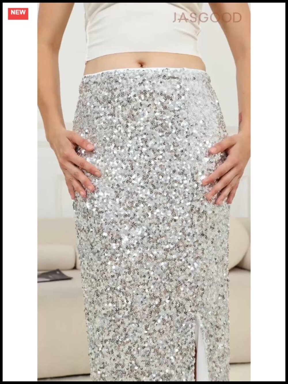 Sequin Pencil Midi Skirt with Side Slit Stretch Fit Party Skirt - Picture 6 of 6